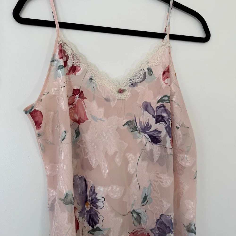 Angelique Vintage Floral‎ Robe & Slip Set Pink Jacquard Lace Trim Large made USA